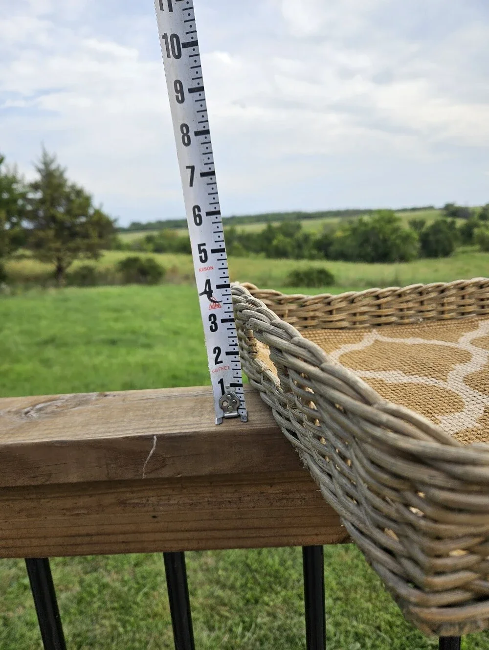 Boho Woven Rattan Serving Tray with a yellow quatrefoil pattern liner and cutout